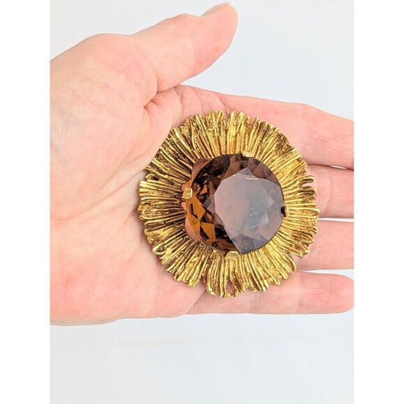 Vintage Amber Sunflower Statement Brooch Large 2.5" Gold Tone Pin w/ Amber Glass - Picture 4 of 7